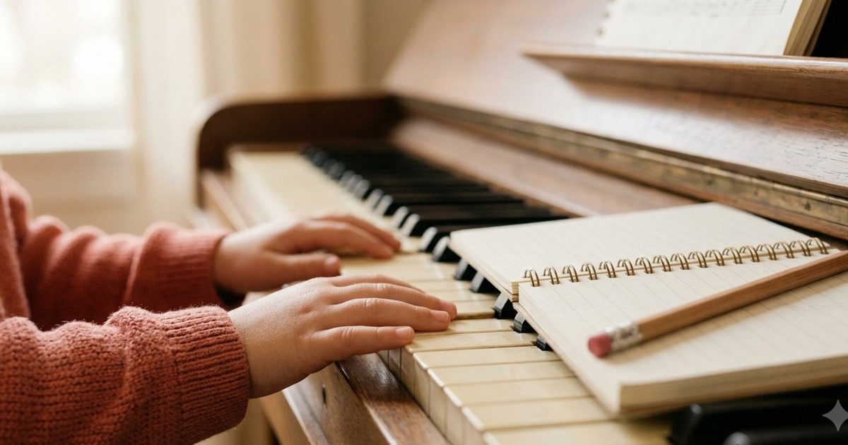 Vì sao con bỏ đàn giữa chừng — bàn tay bé trên phím đàn bên cạnh Sổ tay Hành trình