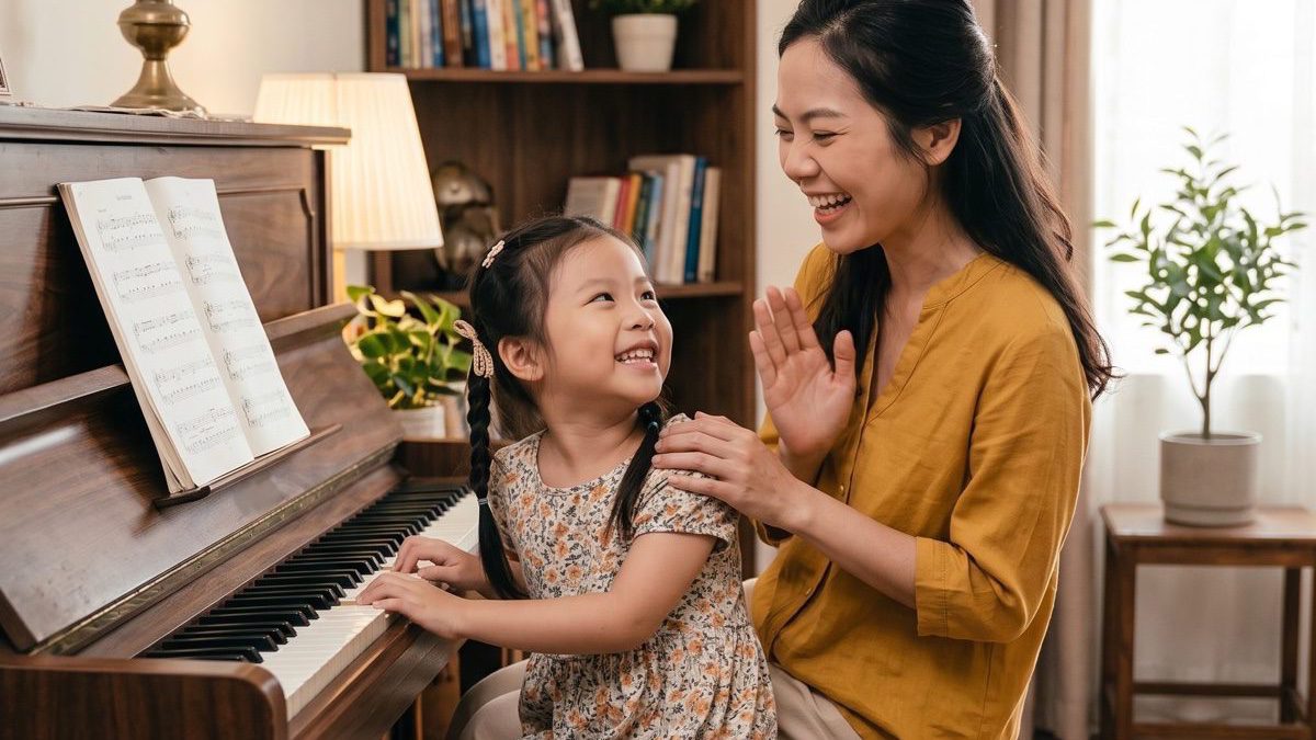 Bố mẹ khen con trong buổi tập đàn ngắn mỗi ngày