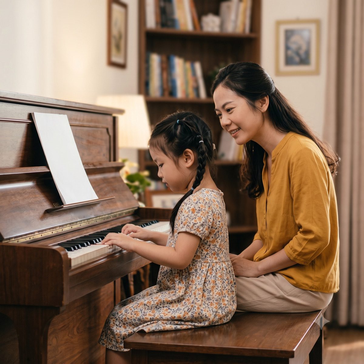 Bố mẹ ngồi cạnh đồng hành cùng con tập đàn