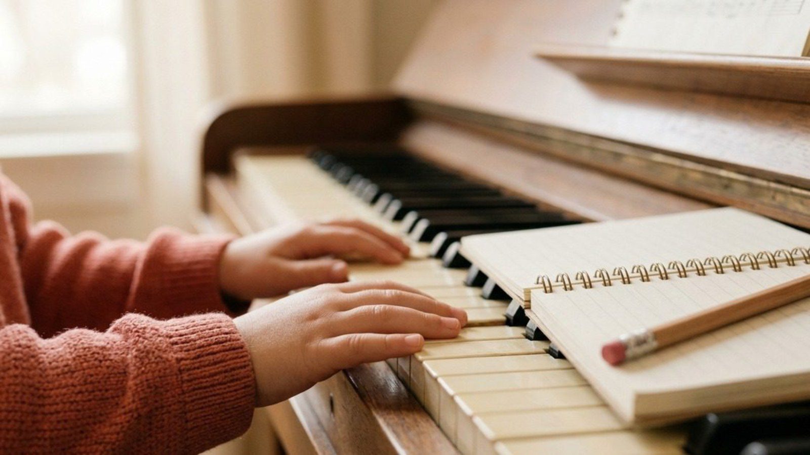 Vì sao con bỏ đàn giữa chừng: bàn tay bé trên phím đàn bên cạnh Sổ tay Hành trình