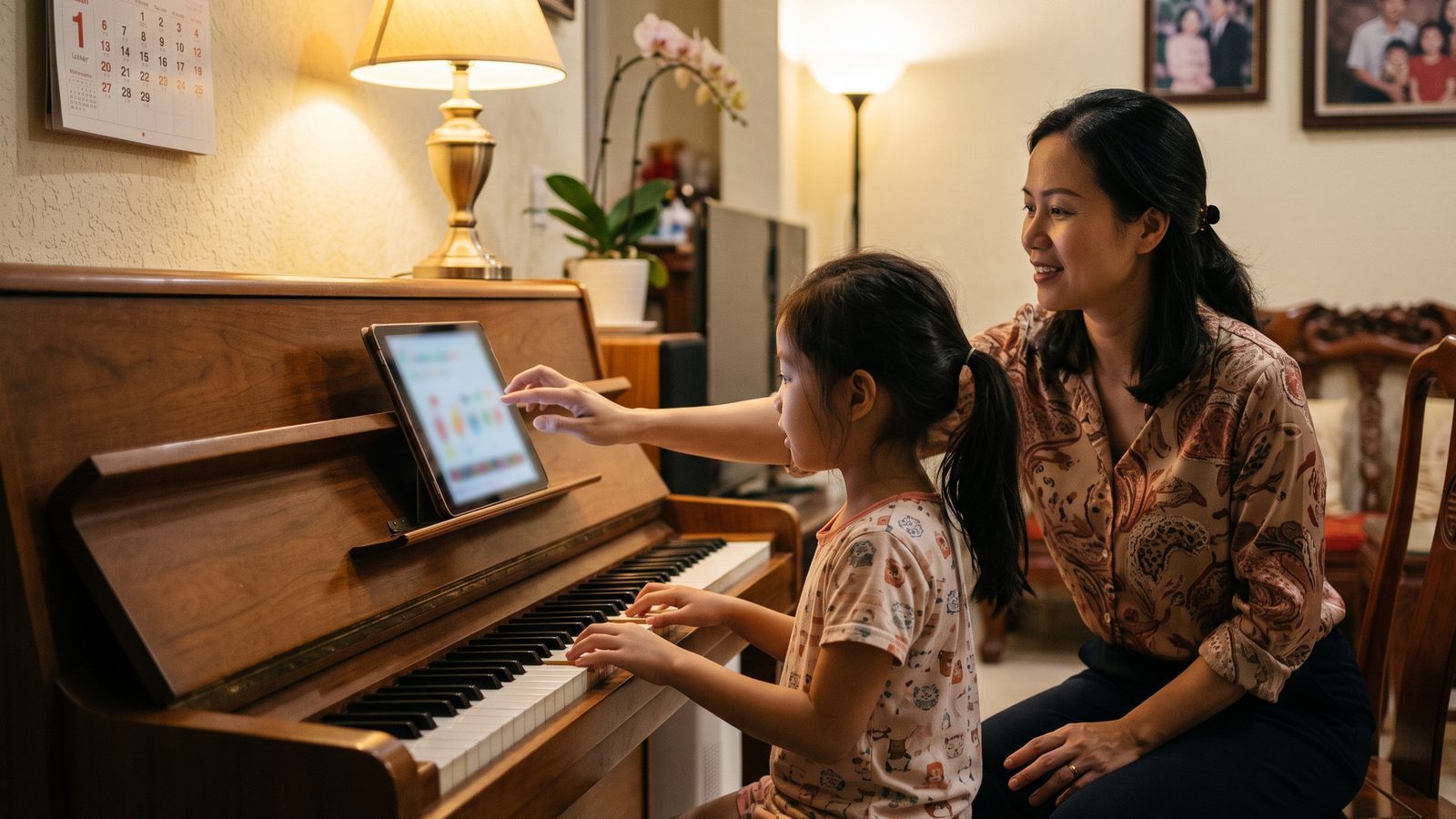 Mẹ ngồi phía sau đồng hành, giúp con thao tác bài học piano online trên máy tính bảng