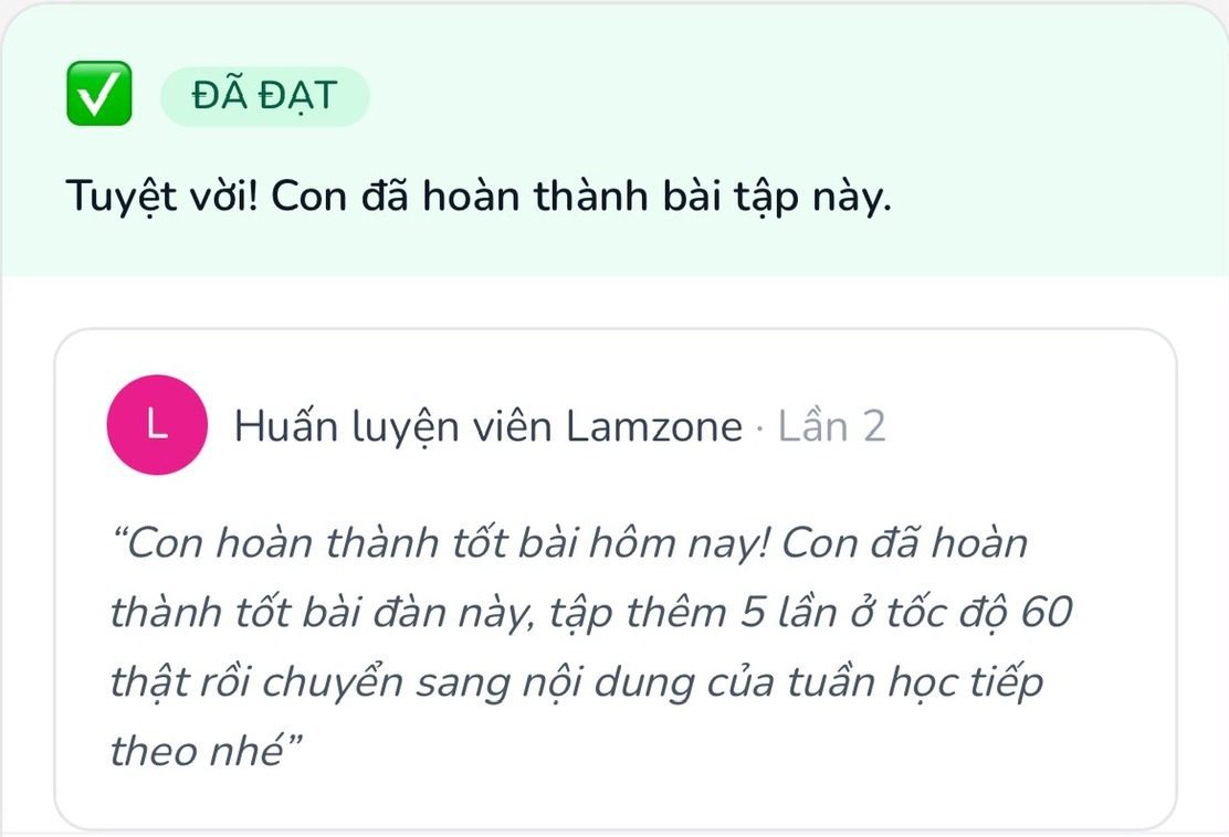 Phản hồi lần 2 của Coach: con đã hoàn thành bài và được chấm Đạt