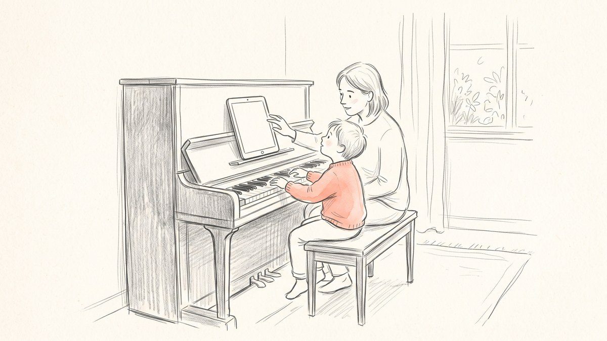 Bố mẹ ngồi cạnh giúp con làm theo hiệu lệnh trong video bài học piano